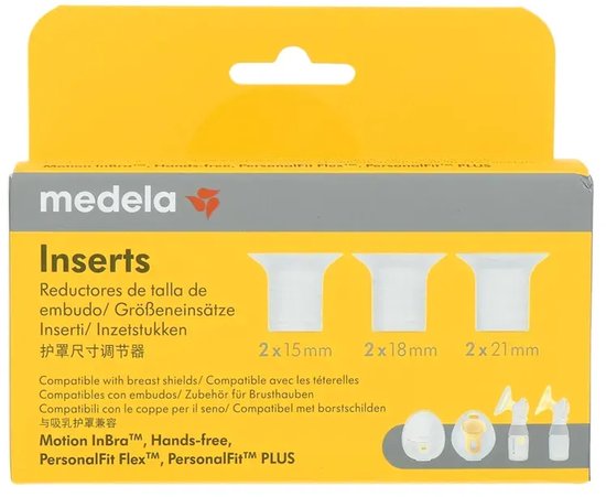 Voorkant Medela verpakking met 6 borstschild-inzetstukken in de maten 15mm, 18mm en 21mm.
