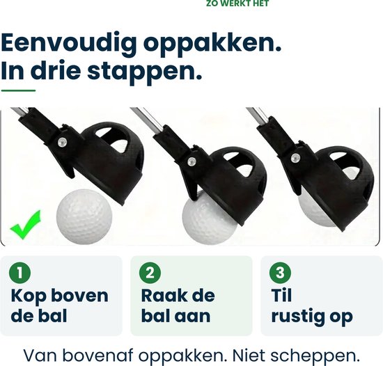 Drie stappen instructie: positioneer de kop boven de bal, raak de bal aan en til rustig op.