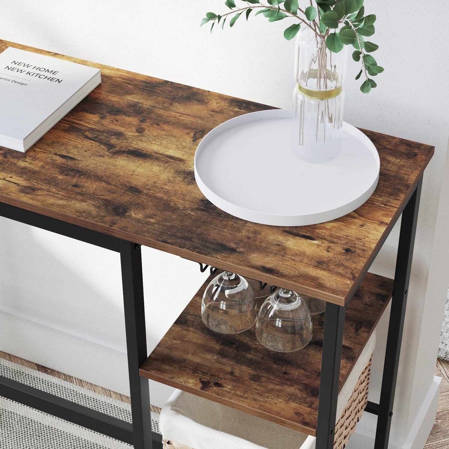 Klarven Bartafel Bruin-Zwart - Wijnrek Bartafel - Bartafel met Opbergruimte - Houder voor Wijnglazen en Flessen - Kantelbeveiliging - Draagvermogen 110 kg