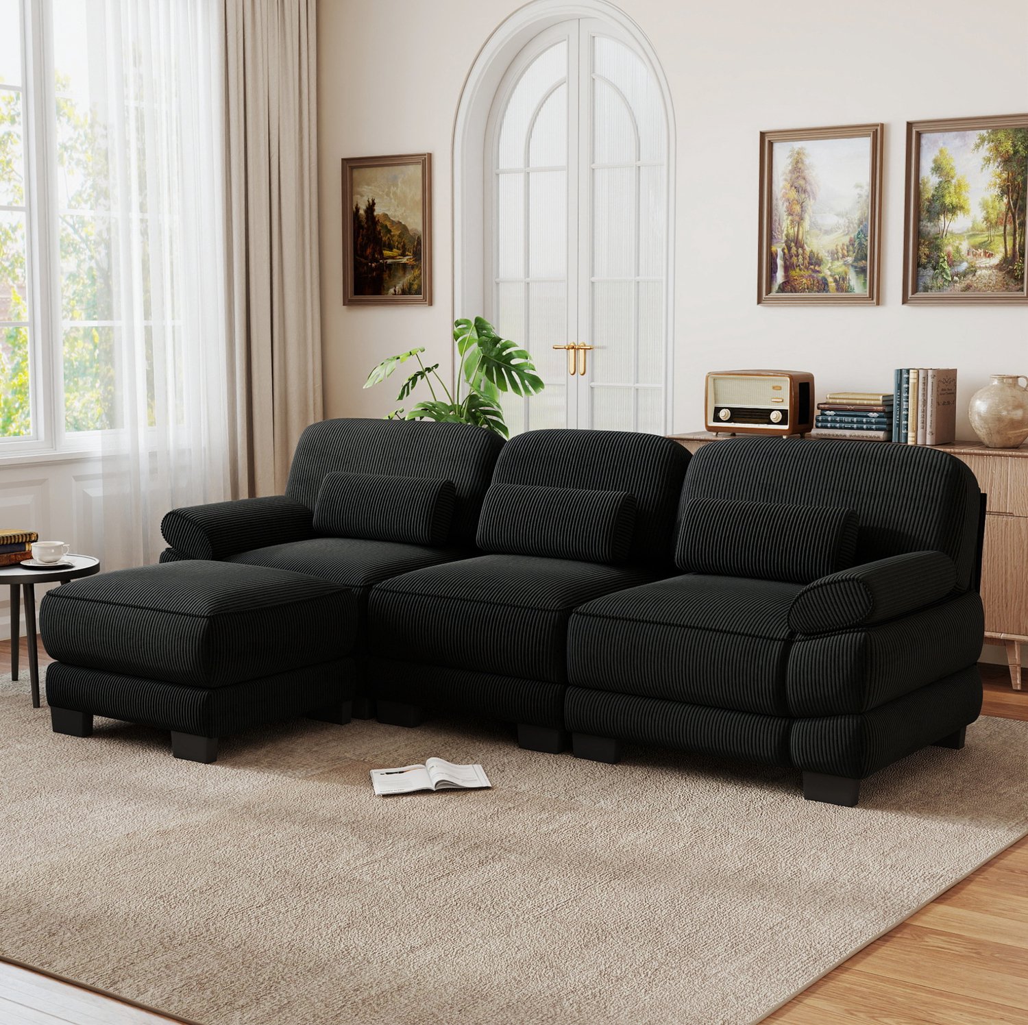 STILVORA Hoekbank 265 x 161 x 94 cm - Modulaire 3-zitsbank met Hocker - L- of U-vorm voor Woonkamer en Kleine Woningen - Zachte Ribstof - Zwart
