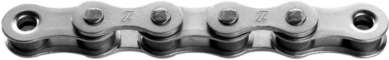 Zilverkleurige KMC Z1 single speed fietsketting met 'Z' logo op de schakels.