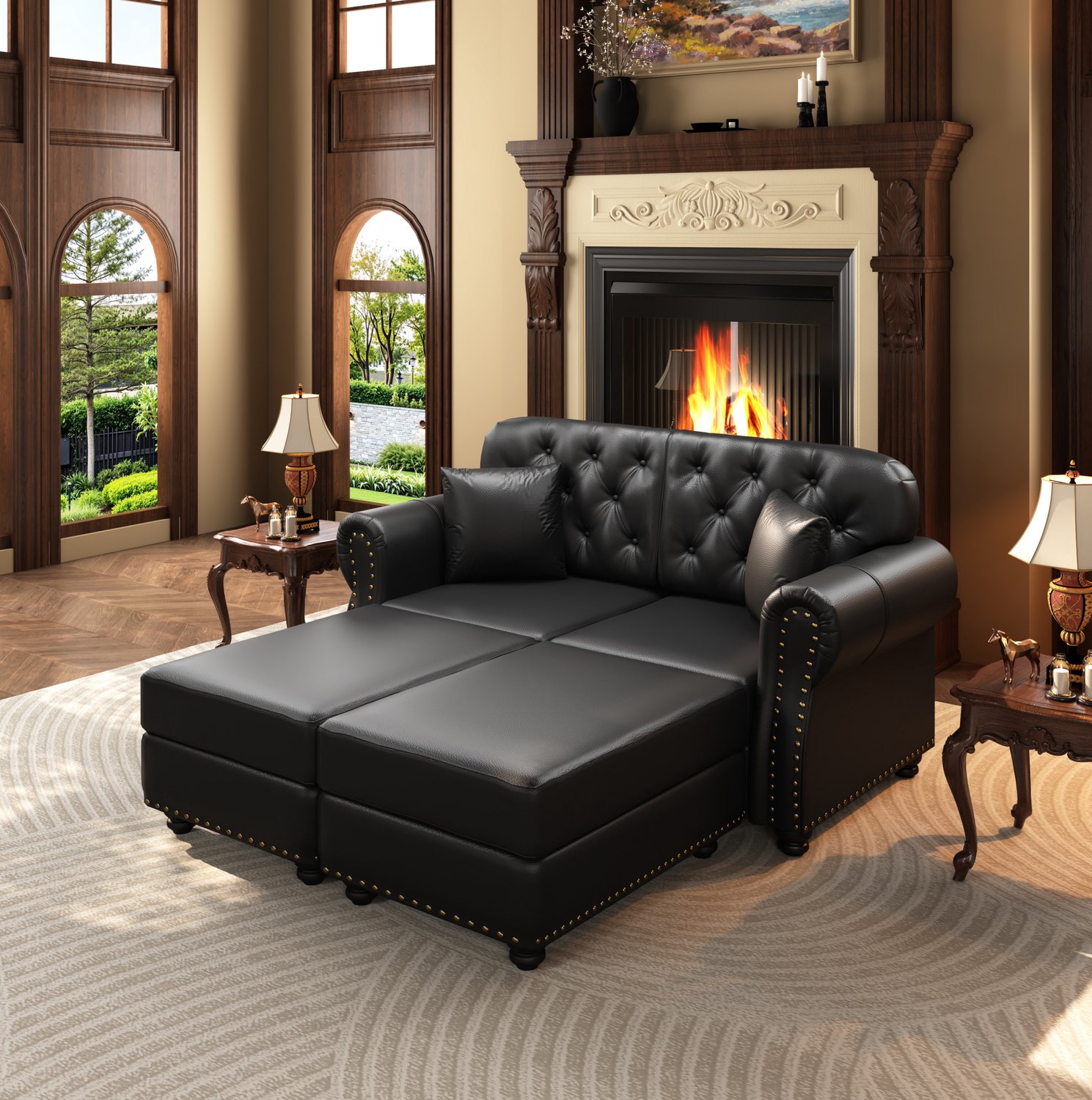 STILVORA Chesterfield Bank 160 cm - Tweezitsbank met Twee Verplaatsbare Hockers en Knoopdetails - Voor de Woonkamer - Kunstleer - Zwart