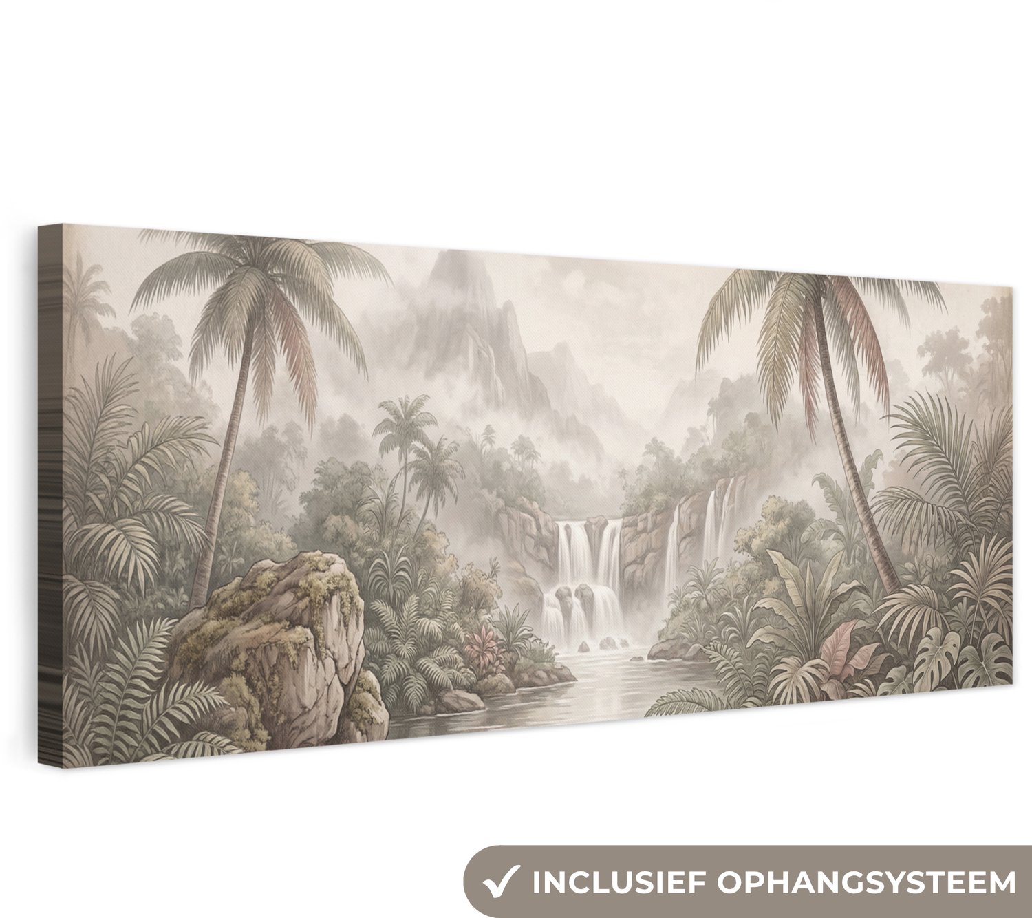 Canvas schilderij 180x60 cm - Exclusieve wanddecoratie Jungle - Watervallen - Tropisch - Illustratie - Muurdecoratie woonkamer - Slaapkamer decoratie - Kamer accessoires - Schilderijen op canvas groot XXL