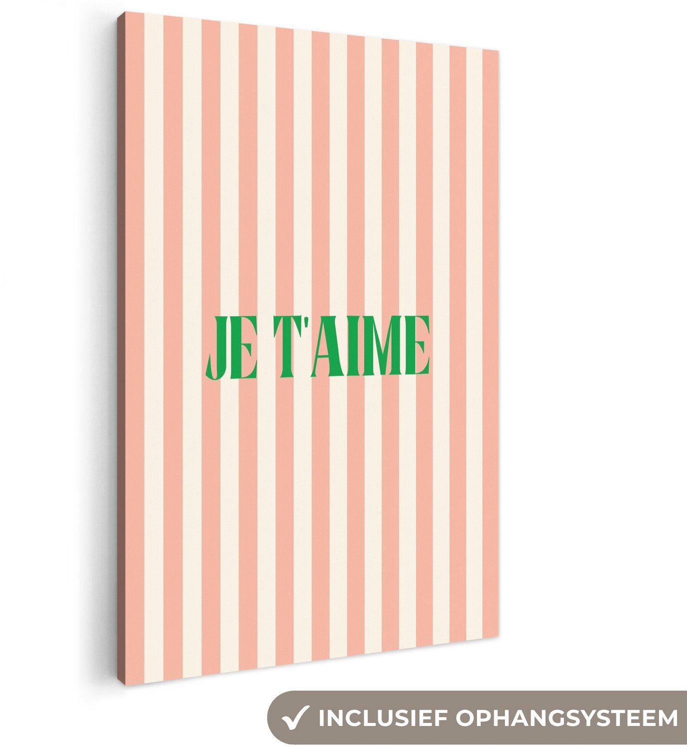 Canvas schilderij 100x150 cm - Exclusieve wanddecoratie Zachtroze - Groen - Strepen - Je t'aime - Muurdecoratie woonkamer - Slaapkamer decoratie - Kamer accessoires - Schilderijen op canvas groot XXL