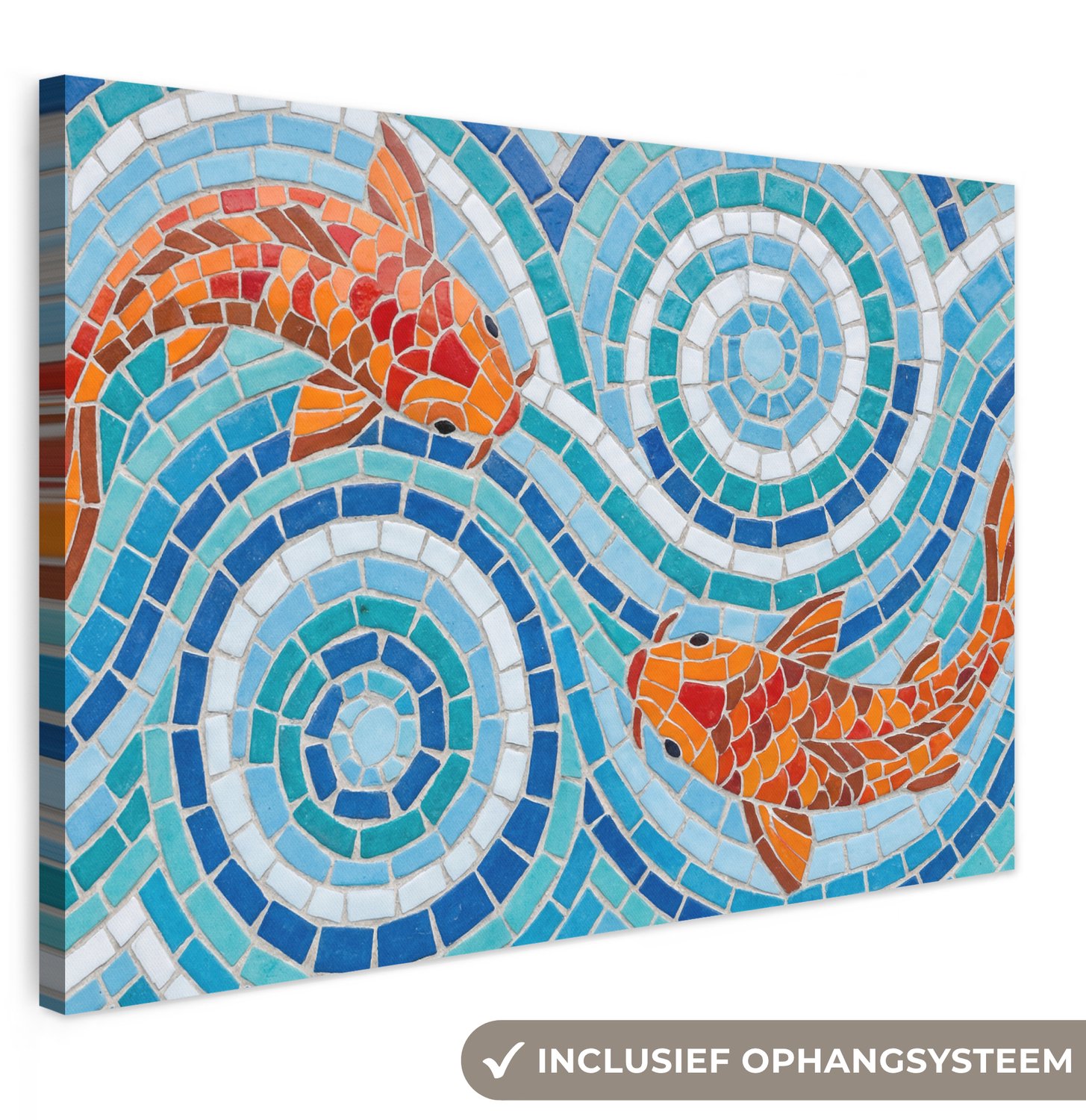 Canvas schilderij 140x90 cm - Exclusieve wanddecoratie Vis - Mozaïek - Water - Decoratief - Blauw - Muurdecoratie woonkamer - Slaapkamer decoratie - Kamer accessoires - Schilderijen op canvas groot XXL