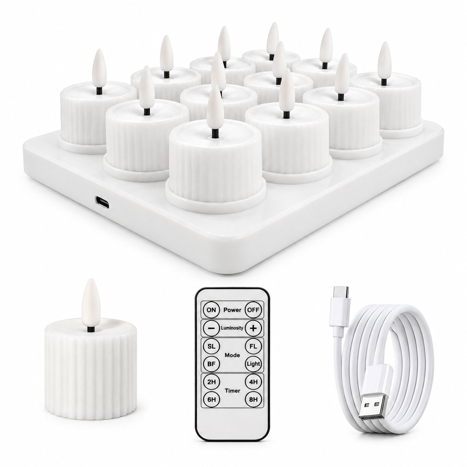 SWGOTA Elektrische kaarsen, 12 stuks, wit met warmwit licht, geribbelde behuizing, Type-C-laadbasis en afstandsbediening met timerknoppen