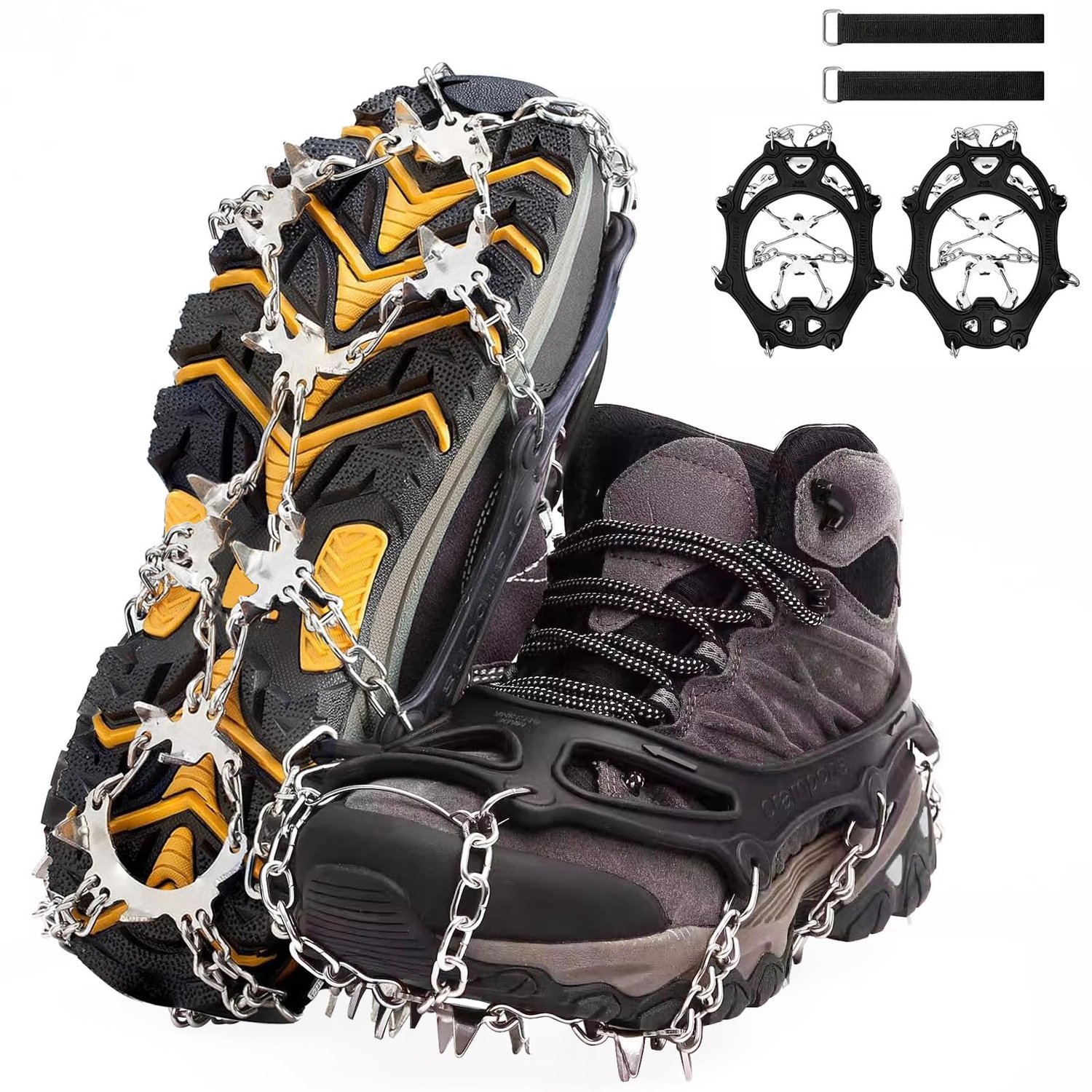 Famanu – Antislip schoenspikes voor wandelschoenen uitgerust met 26 sterke roestvrijstalen tanden voor optimale grip op gladde en besneeuwde ondergronden perfect voor mannen en vrouwen die actief willen zijn in de winter Wit