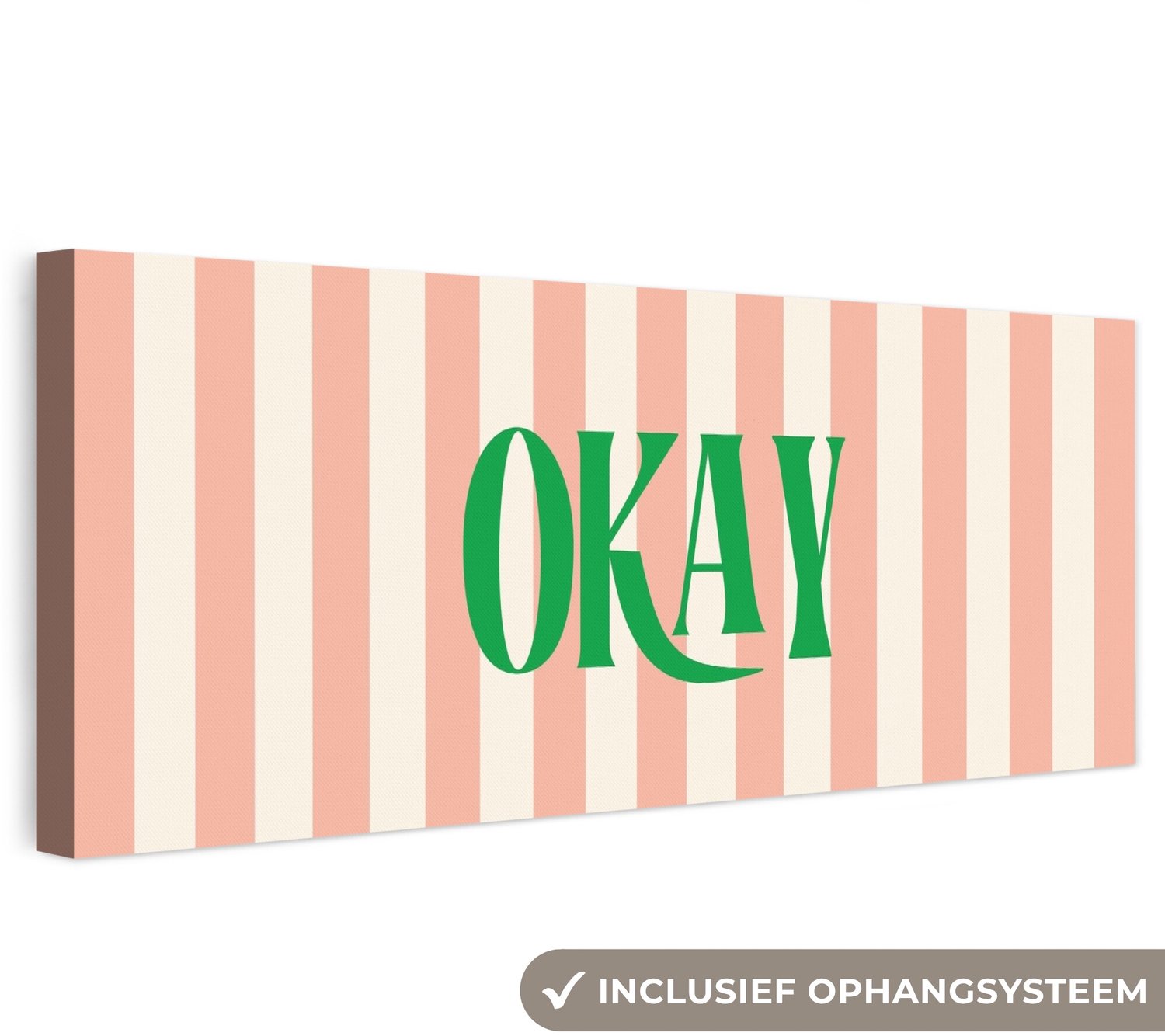 Canvas schilderij 60x20 cm - Exclusieve wanddecoratie Zachtroze - Groen - Strepen - Okay - Muurdecoratie woonkamer - Slaapkamer decoratie - Kamer accessoires - Schilderijen op canvas