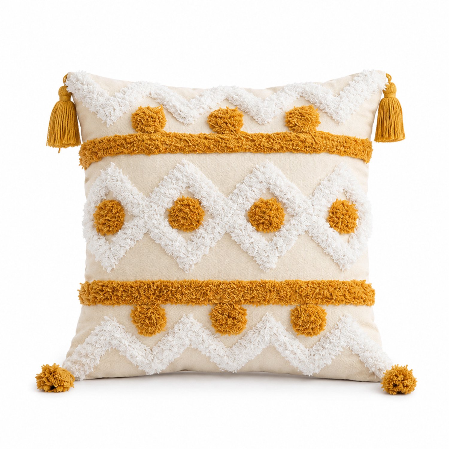 SWGOTA Katoenen sierkussen 45 x 45 cm met geometrisch tuftpatroon en hoekkwastjes - kussenhoes inclusief binnenkussen voor de bank Beige