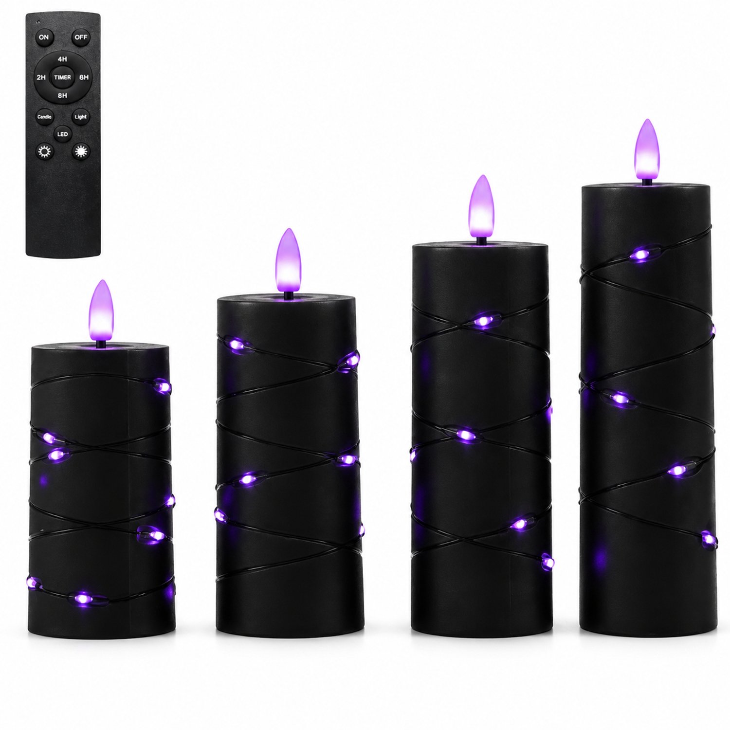 SWGOTA led kaarsen, 4 per doos, zwart met puntvormige vlam, paars licht en lichtsnoer rondom, met grote afstandsbediening