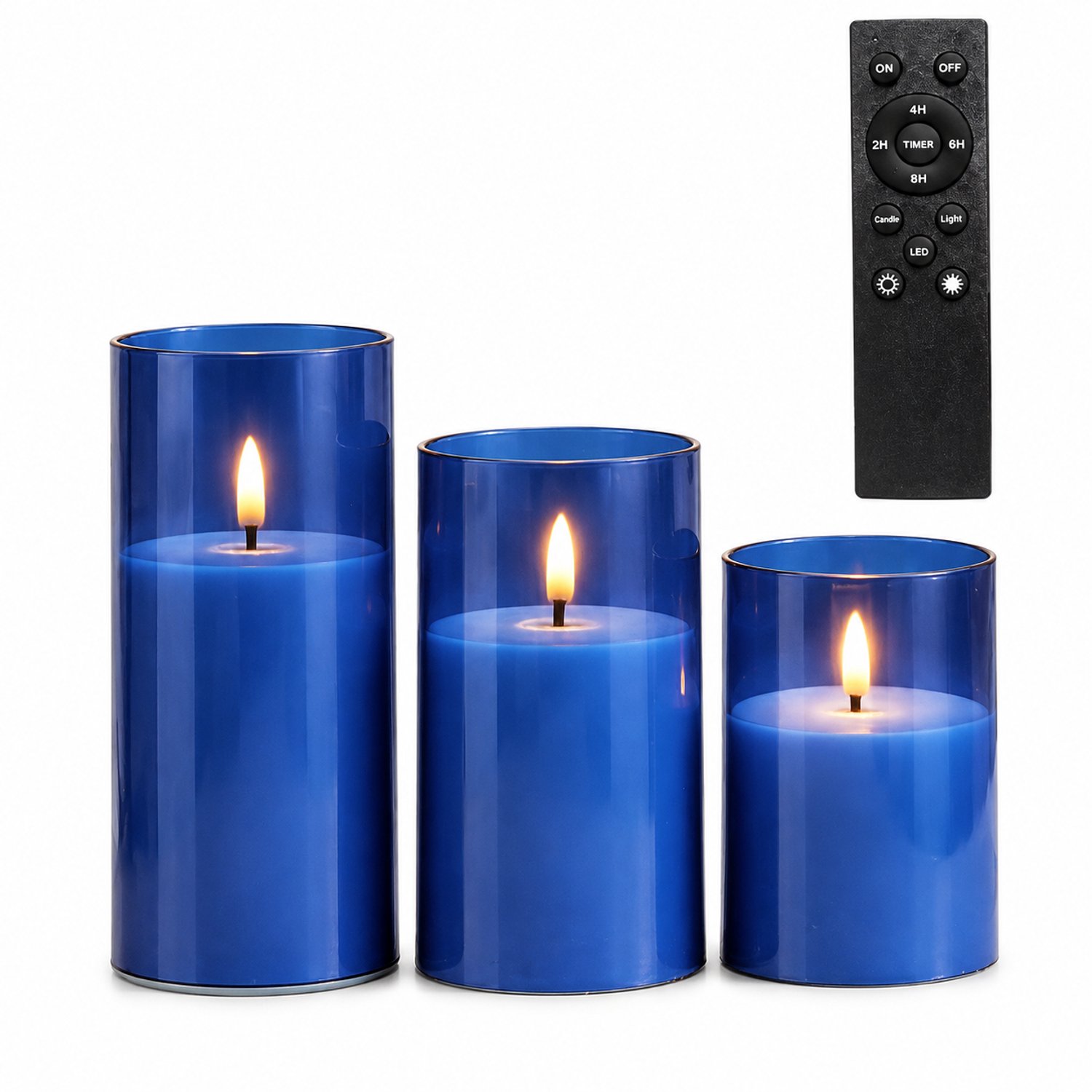 SWGOTA led kaarsen blauw, 3 stuks per doos, met grote afstandsbediening en timeropties, cilindervormig in verschillende hoogtes voor feestdecoratie