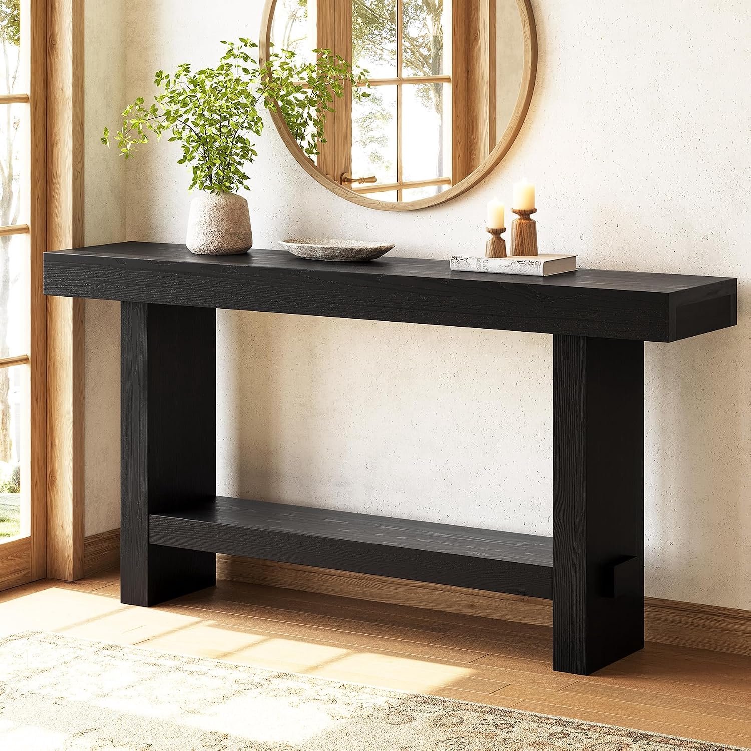 Tribesigns Massief Hout Consoletafe - Moderne Houten Sidetable met 2 niveaus - Zwart - 160 x 30 x 80 cm - Console Tafel voor Hal, Woonkamer, Entree
