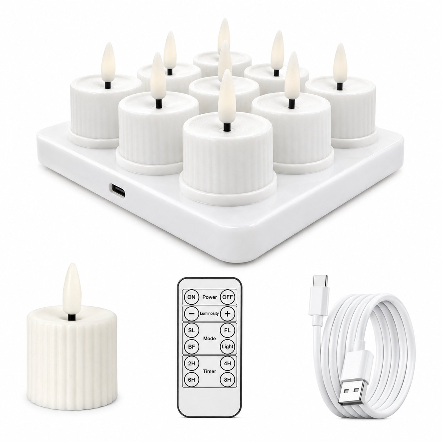 SWGOTA led kaarsen set van 9 - Wit, geribbeld, warm licht, afstandsbediening en Type-C-opladen - Met basis voor 3 x 3 kaarsen en laadkabel