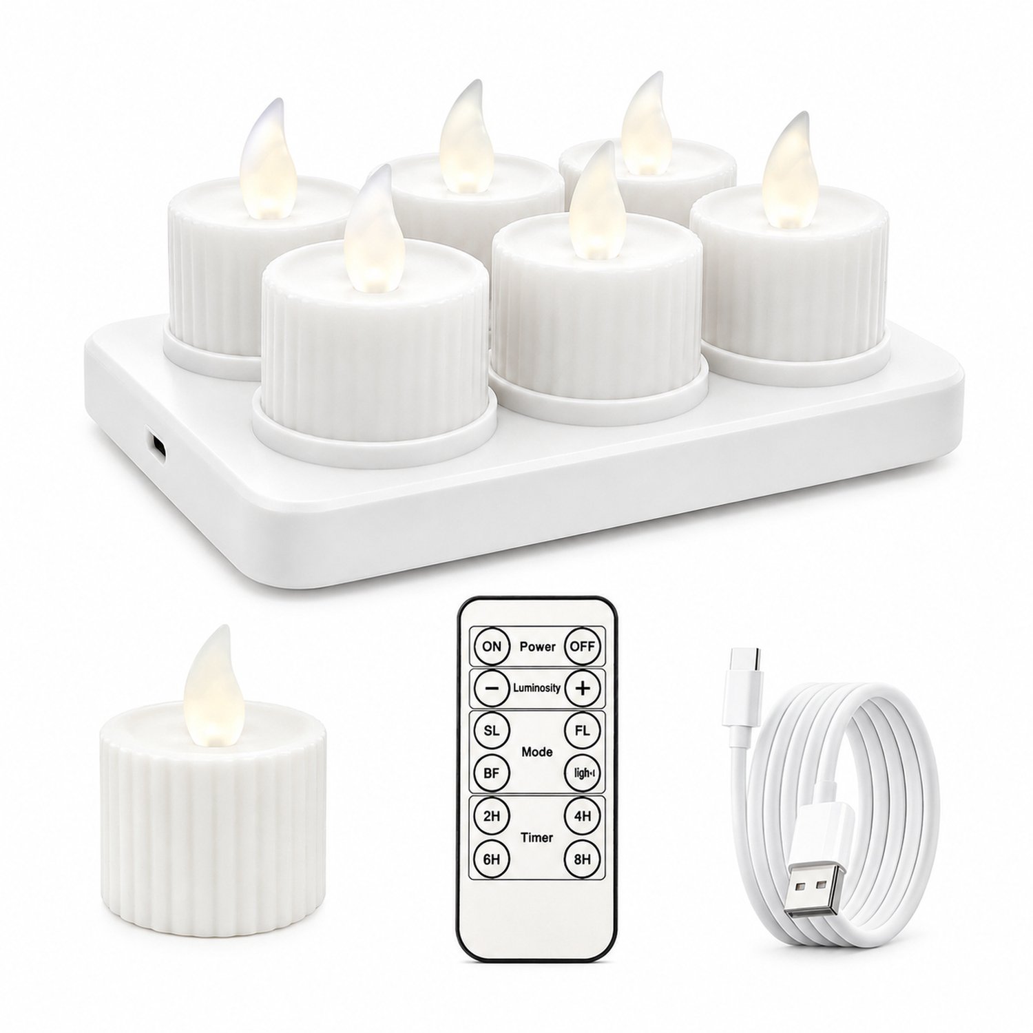 SWGOTA led kaarsen, set van 6, geribbelde uitvoering met grote vlamvorm, warm licht, afstandsbediening met dimmer en timer, Type-C-opladen, inclusief laadstation en kabel Wit