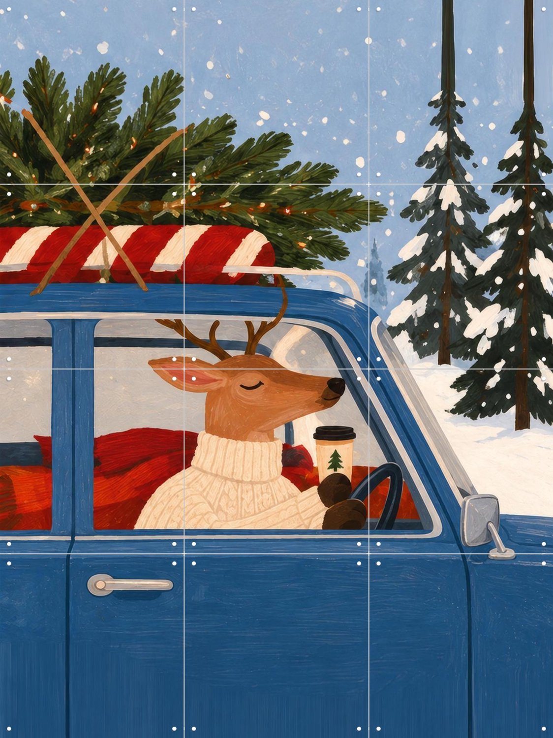 IXXI Driving Home For Christmas, Atelier Pommeline - 60 x 80 cm - Grote wanddecoratie en posters - Fantasierijk, Illustraties, Cartoonesk, Gang Blauw