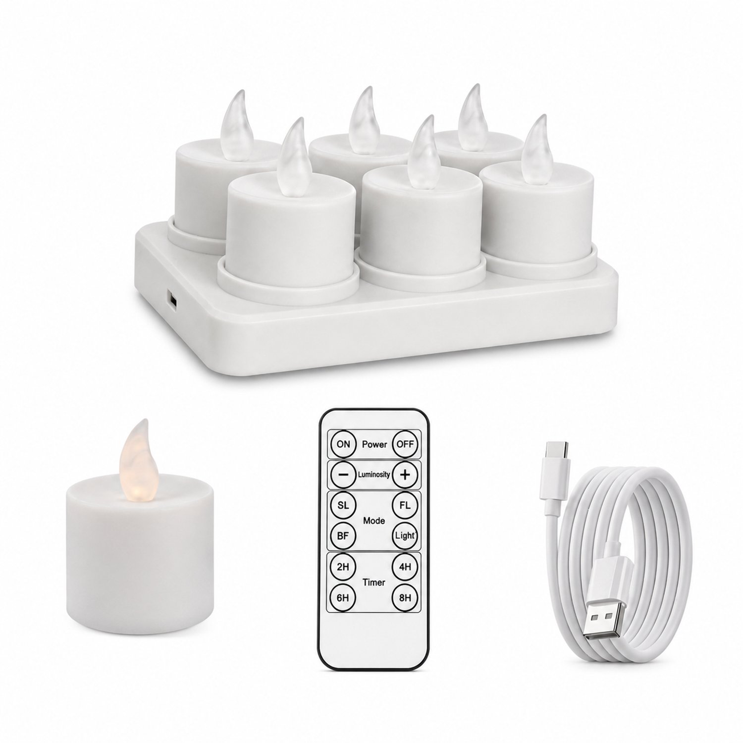 SWGOTA led kaarsen, set van 6 met gladde afwerking en warm licht, USB-C-oplaadbaar, met afstandsbediening, voet met 6 plaatsen en laadkabel Wit