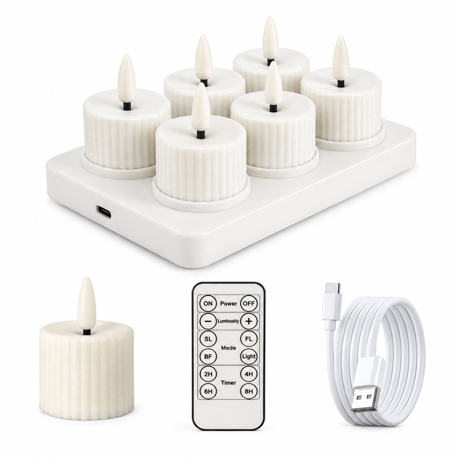 SWGOTA led kaarsen - 6 stuks, wit en geribbeld, warm licht, afstandsbediening en Type-C-oplaadbasis met kabel