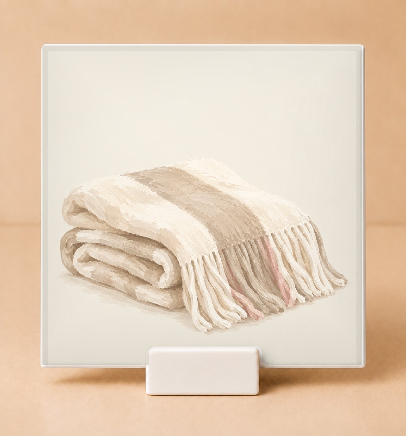 Bedruk King Sfeervolle Gezellige Plaid Tegel – Keramische Decoratietegel met Wollen Deken Illustratie voor Woonliefhebbers - 15 x 15 cm met houder Wit