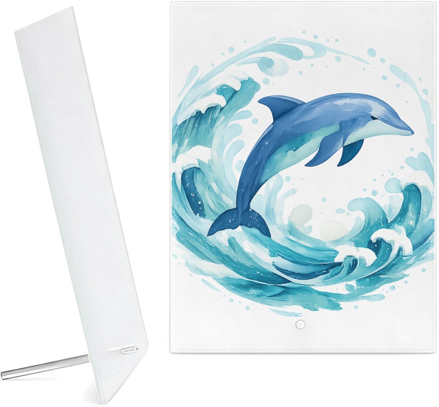 Mr Cadeautjes Glazen fotopaneel Een cirkelvormige waterwerveling rond een springende zeeschi - 15 x 20 cm, staand - glas, decoratie, wanddecoratie | cadeau Wit