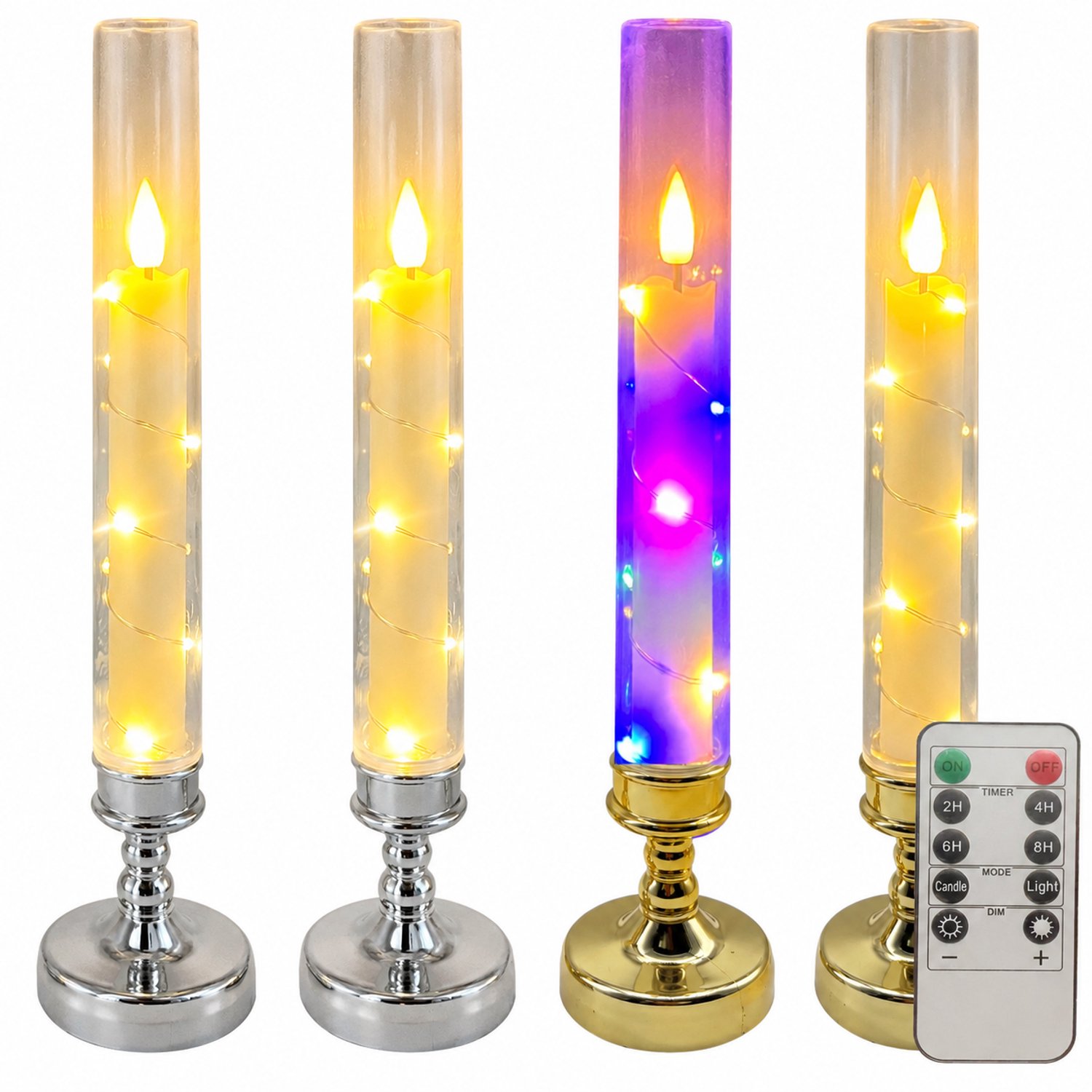 SWGOTA led kaarsen, set van 6, warmwitte draadverlichting in transparante buizen, gouden kandelaars en 10-knops afstandsbediening