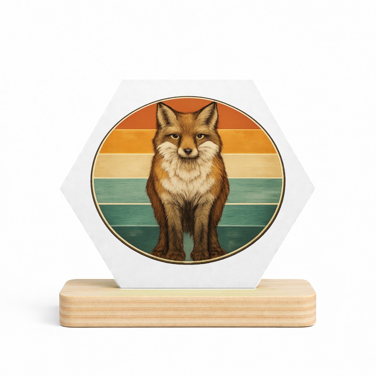 Mr Cadeautjes MDF fotolijst/inleg hexagon 14 x 13 - design Een frontale bergkat in een ronde badge met horizontale kleu | cadeau Wit