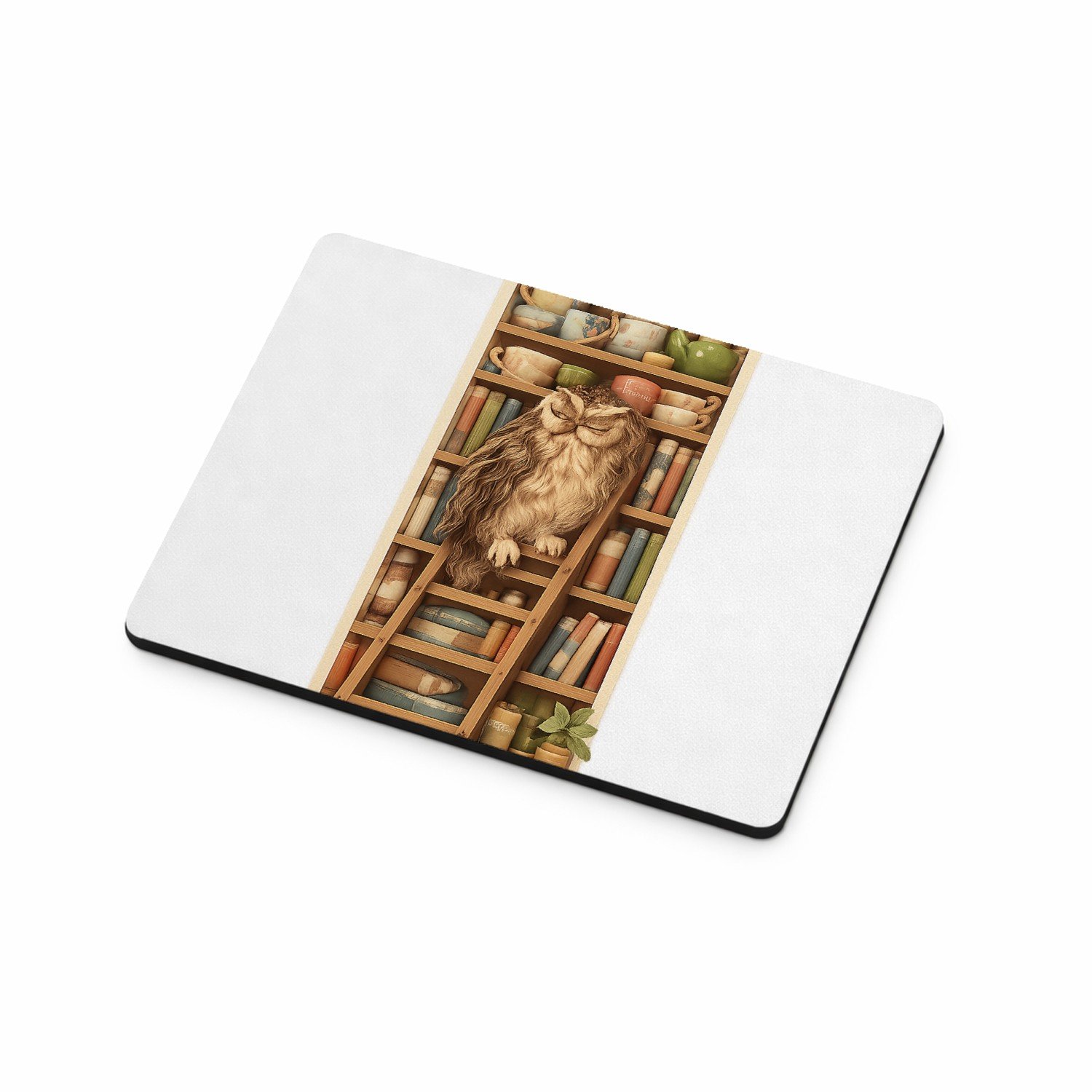 Mr Cadeautjes MDF magnetische fotolijst 9 x 7 - design Een slaperige uil op een ladder naast een hoge plank met the | cadeau Wit