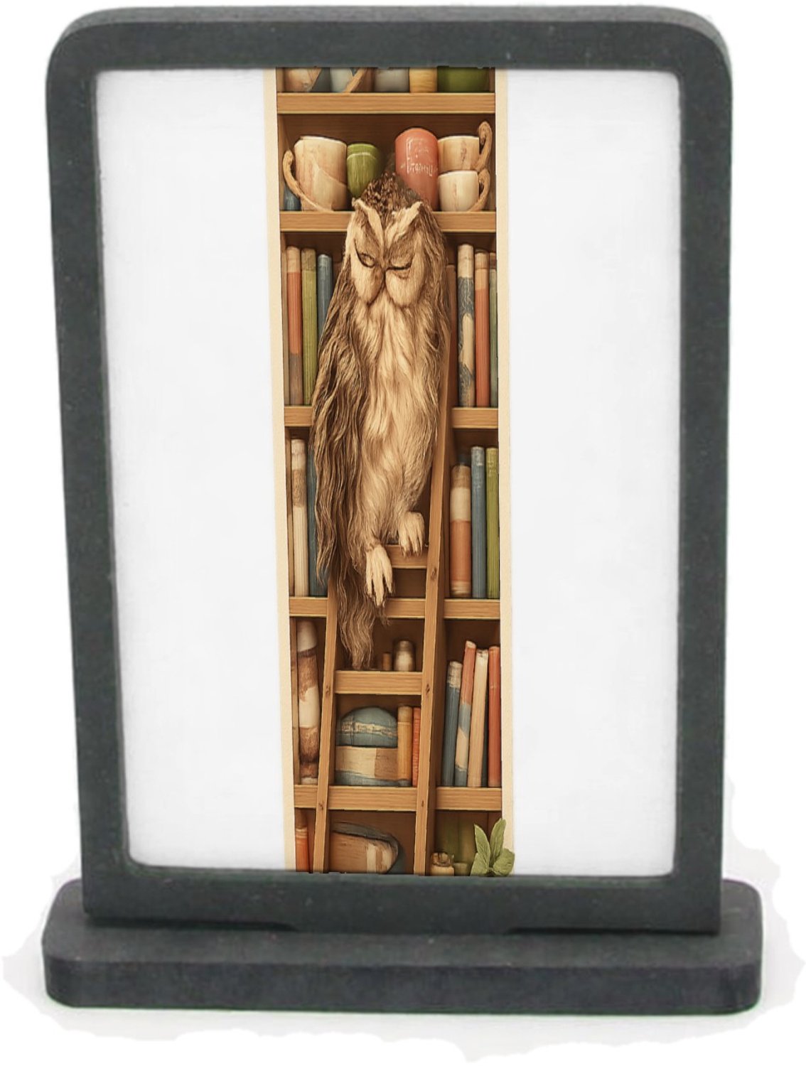 Mr Cadeautjes Houten fotolijst rechthoek met MDF inleg - design Een slaperige uil op een ladder naast een hoge plank met the | cadeau Wit