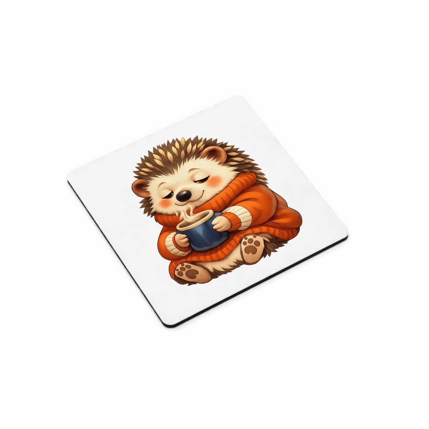 Mr Cadeautjes MDF magnetische fotolijst vierkant 9,5 - design Een slaperige egel in een oversized trui met een warme drank | cadeau Wit