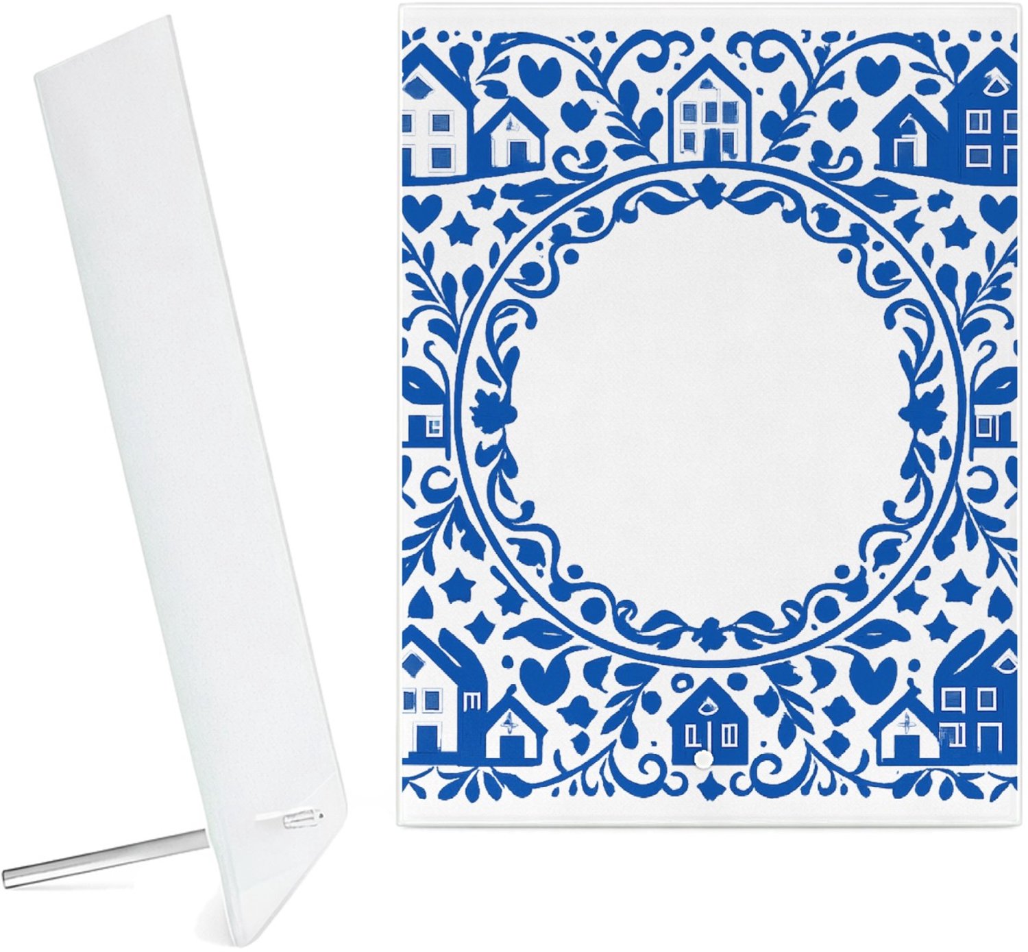 Mr Cadeautjes Glazen fotopaneel Een klassieke blauw-witte rand met huiselijke symbolen en ee - 15 x 20 cm, staand - glas, decoratie, wanddecoratie | cadeau