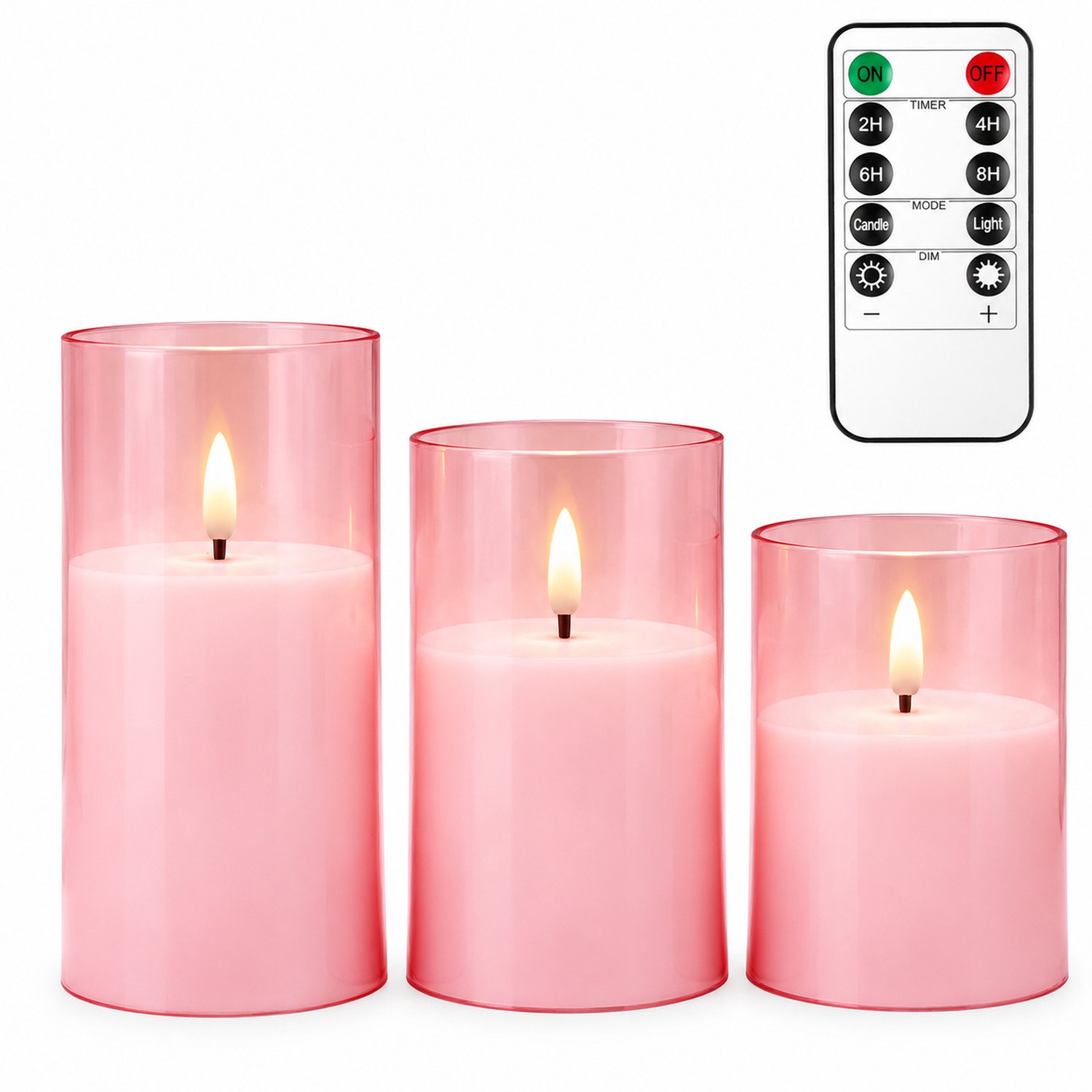 SWGOTA led kaarsen, 3 roze exemplaren per doos, transparante cilindervorm met vlamvormig licht, afstandsbediening met knoopcel, timer en dimfunctie