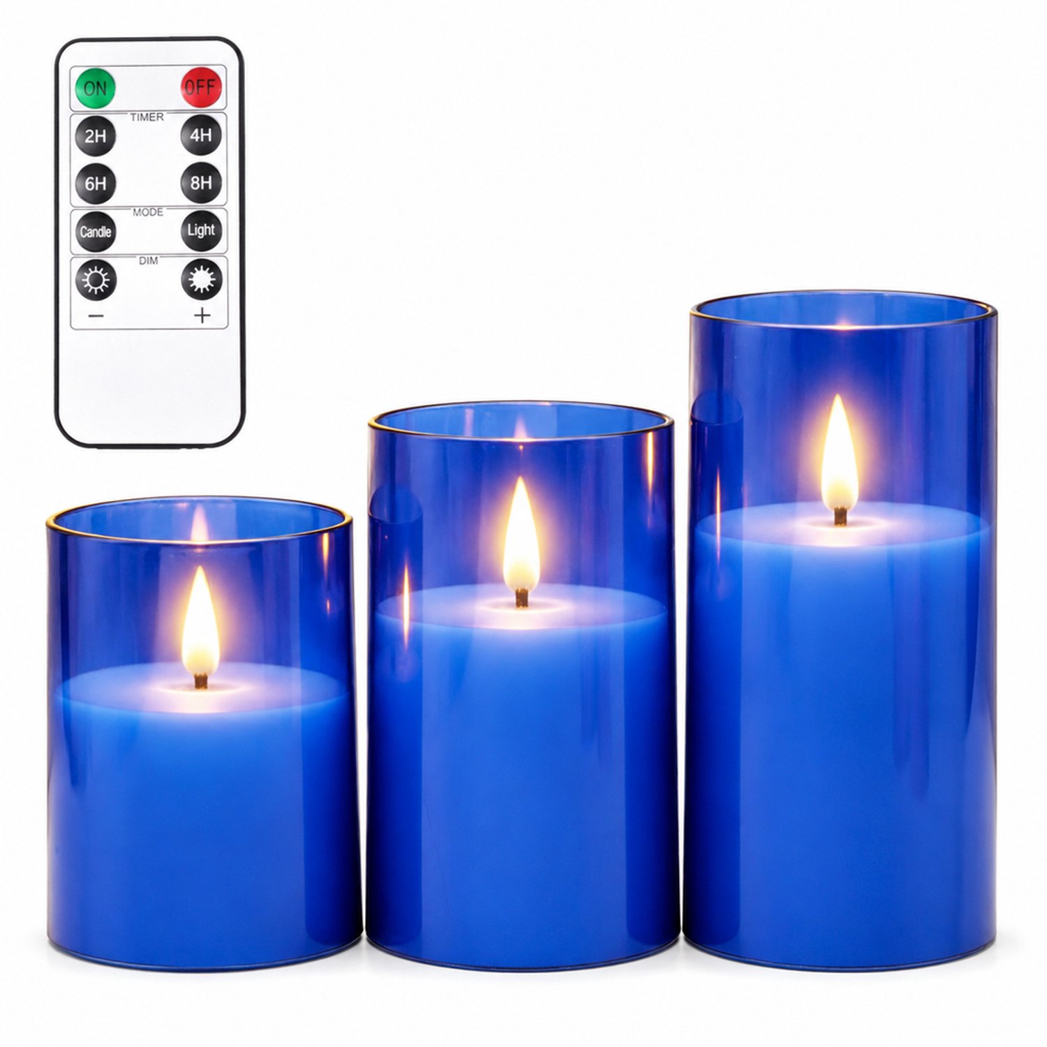 SWGOTA led kaarsen, 3 stuks per doos, blauw, verschillende hoogtes en druppelvormige vlamtop, met afstandsbediening en 1 knoopcel voor de afstandsbediening