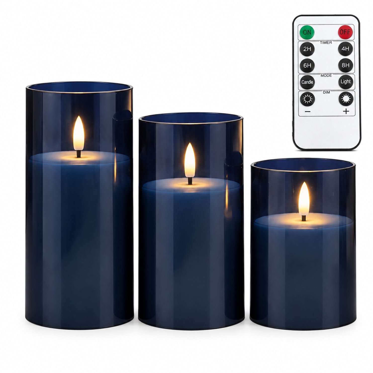SWGOTA led kaarsen, 3 per doos, donkerblauw, verschillende hoogtes, met afstandsbediening en 1 knoopcel voor de afstandsbediening, voor kerst- en bruiloftdecoratie