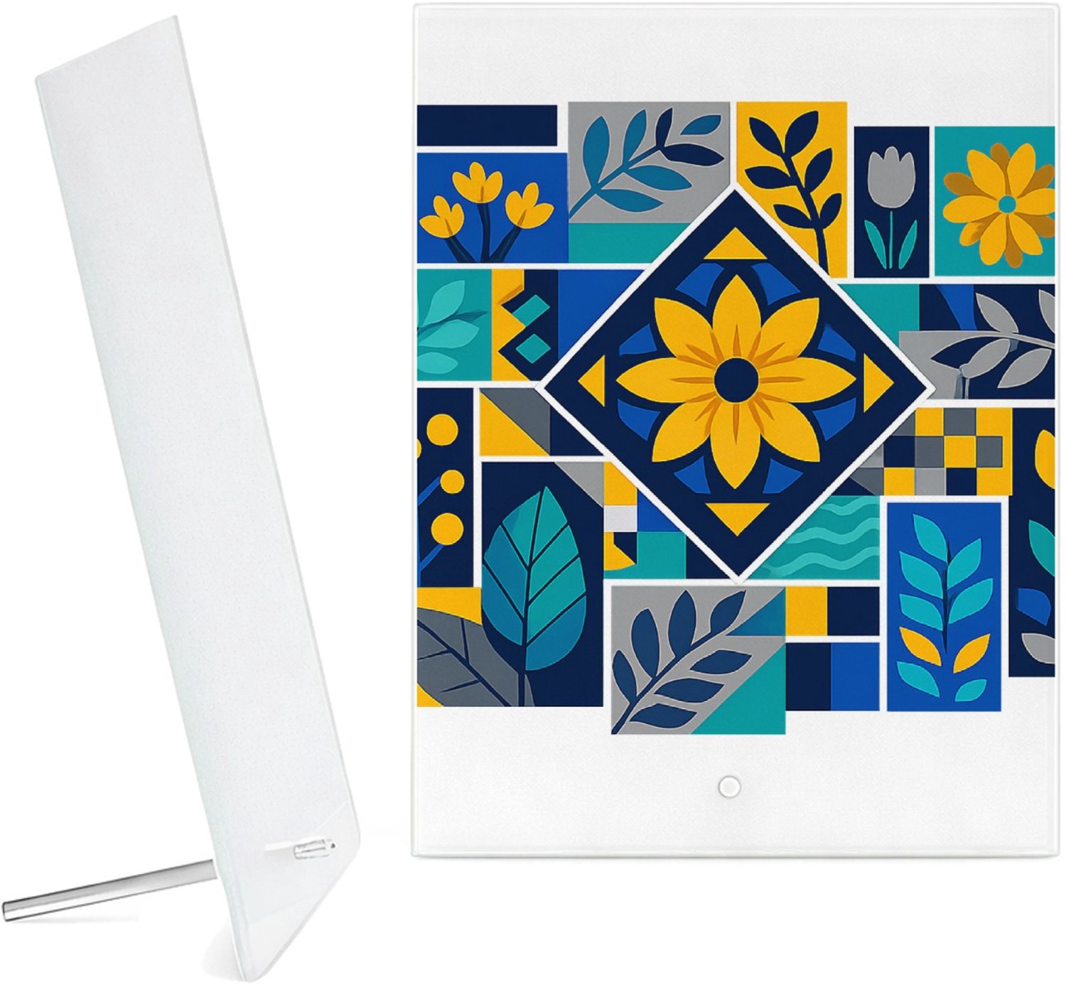 Mr Cadeautjes Glazen fotopaneel Een levendig mozaïek van botanische blokken met bladeren, bl - 15 x 20 cm, staand - glas, decoratie, wanddecoratie | cadeau Wit