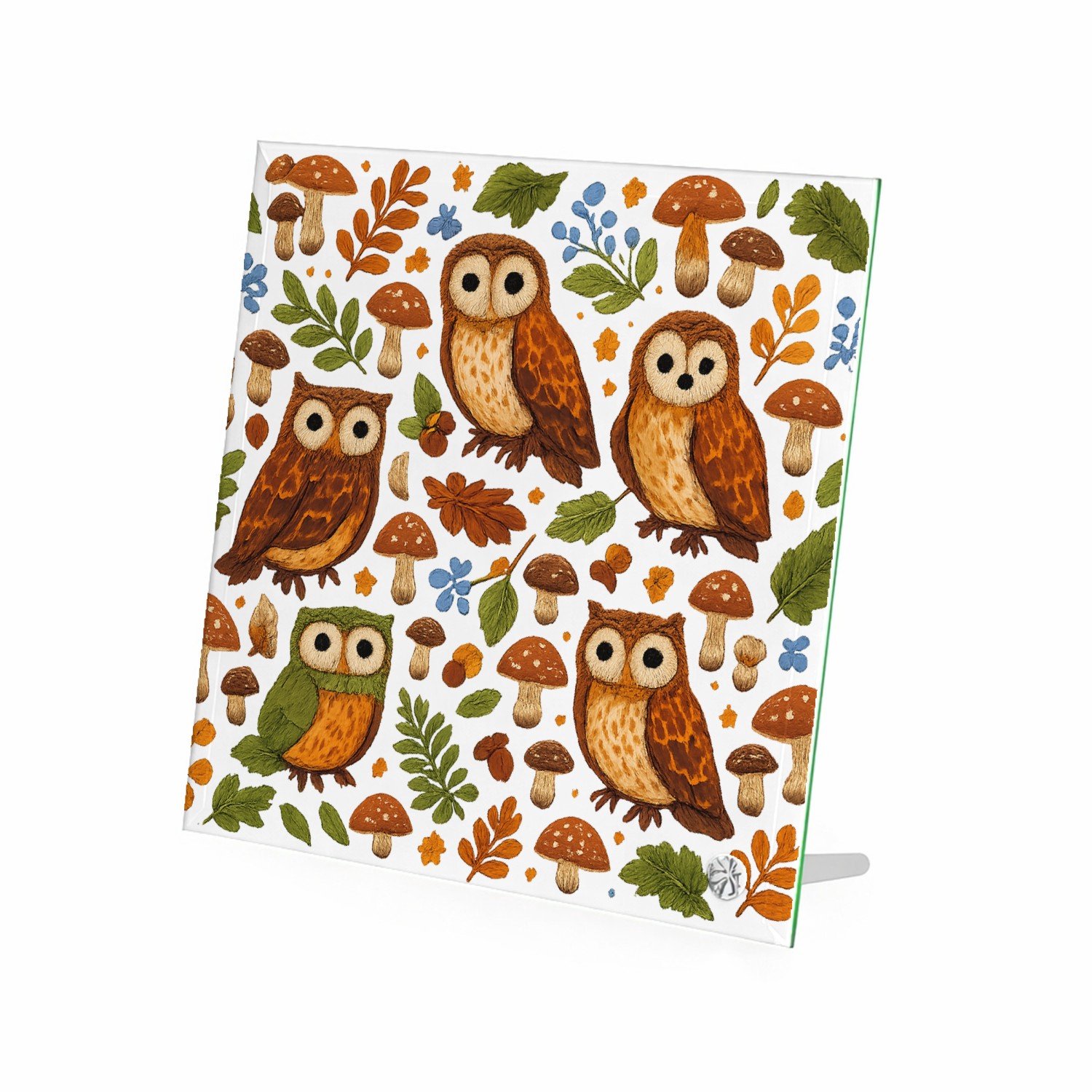 Mr Cadeautjes Glasframe 20 x 20 - design Een avondlijk bospatroon met uilen, paddenstoelen en bladere | cadeau Wit