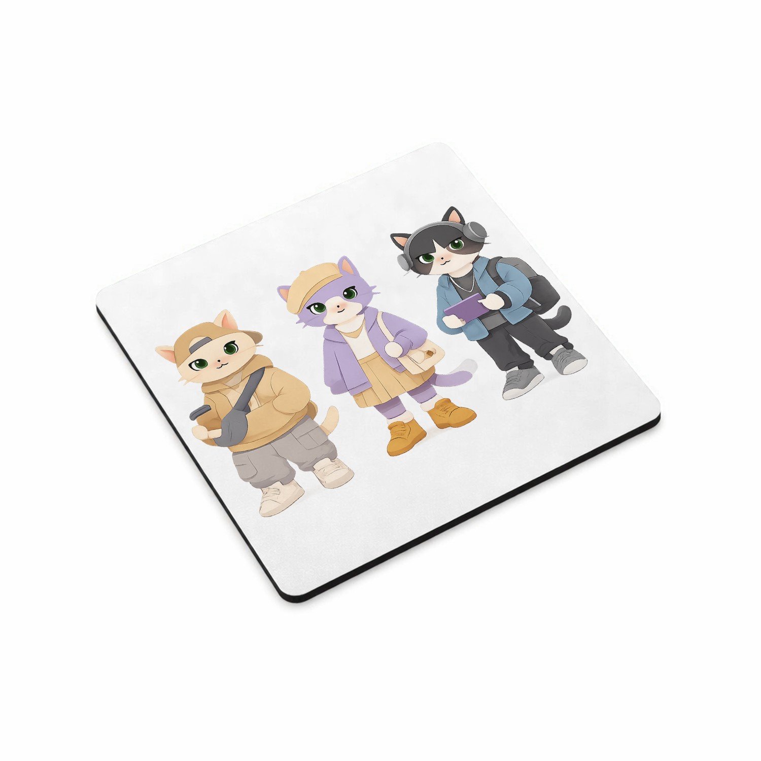 Mr Cadeautjes MDF magnetische fotolijst vierkant 9,5 - design Drie modieuze katten in pastel-outfits, elk met een andere h | cadeau Wit