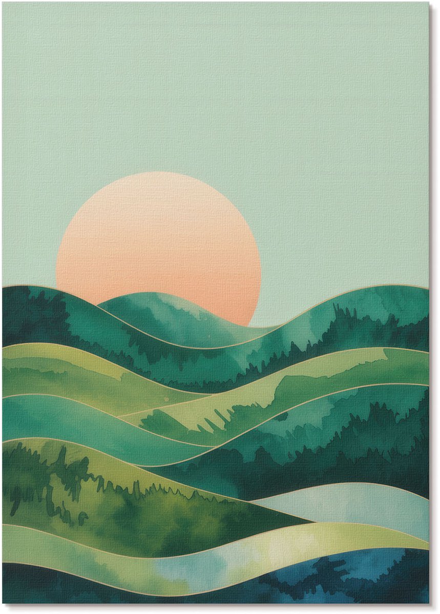 Tulup Polycanvas Poster - Groene Heuvels, Schilderen - A4 - Groen Kunst - Rechthoek - Kunstposter - Woonkamer, Slaapkamer, Kantoor - Expressief