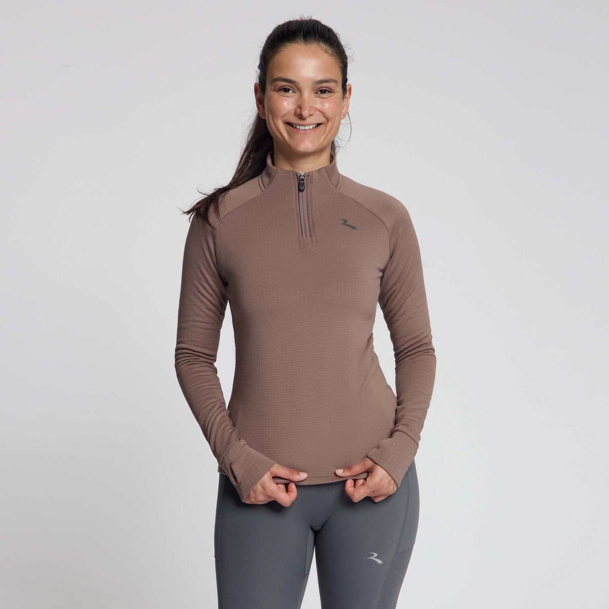 Rogelli Essential Dames Hardloopshirt Lange Mouw - Rits - Mokka