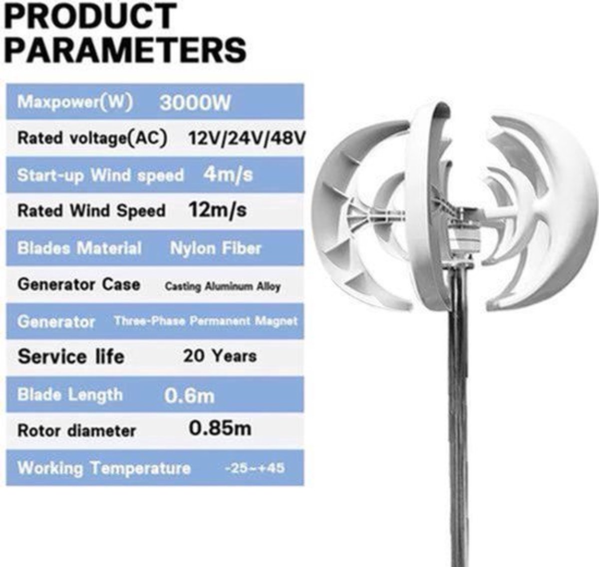 Verticale Windturbine – Windgenerator – Windenergie Systeem – Turbine Generator – 12V 3000W – Duurzaam Aluminium – Stil Met MPPT Controller