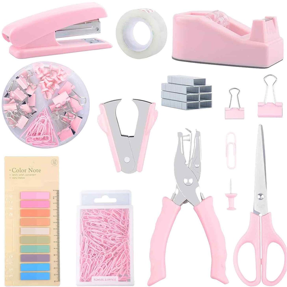 Bureauaccessoires Set - Set met Boekenlegger en Plakbandhouder - Inclusief Boekenleggers, Plakbandhouders, Pagina- en Papierclips, Nietjes, Perforator, Schaar en Etiketten - Cadeau voor Dames - Roze