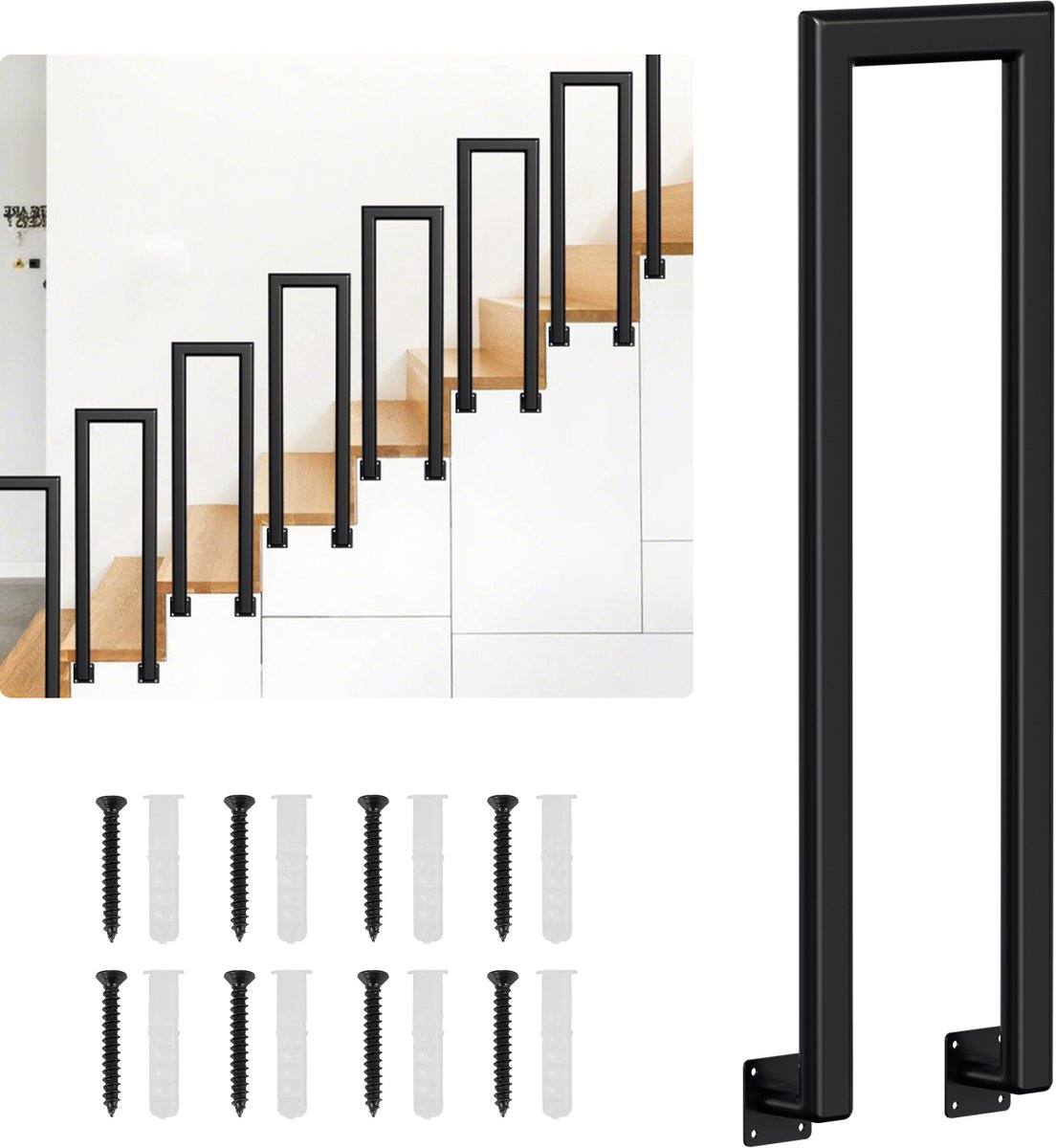U-vormige trapleuning 95 cm zwart – ijzeren handgreep met ovale buis, zijmontage, binnen en buiten, incl. bevestigingsset