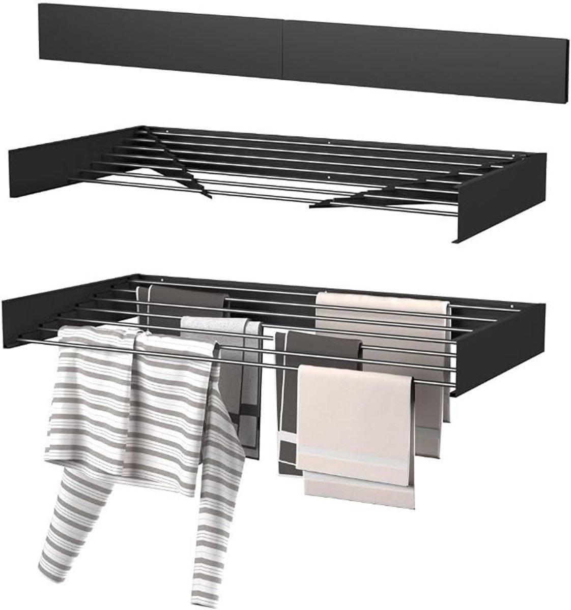 PolkaHome Wanddroogrek Inklapbaar XL - 120 cm - 8,4 m Drooglengte - Zwart