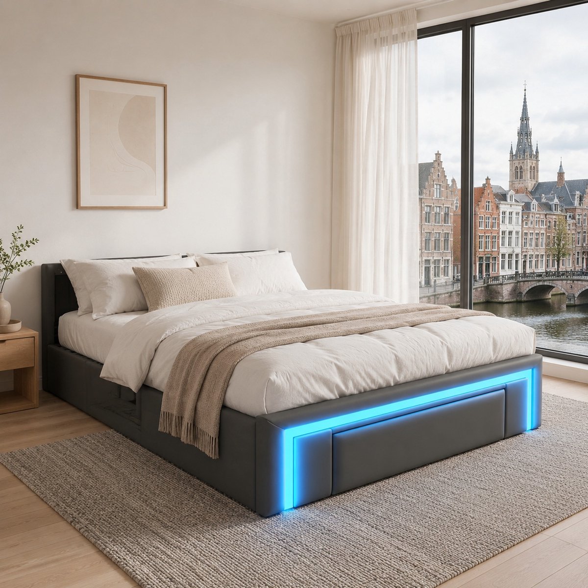 WUVRIE Bedframe 90x200 cm met opberglades, LED-verlichting en metalen lattenbodem, grijs