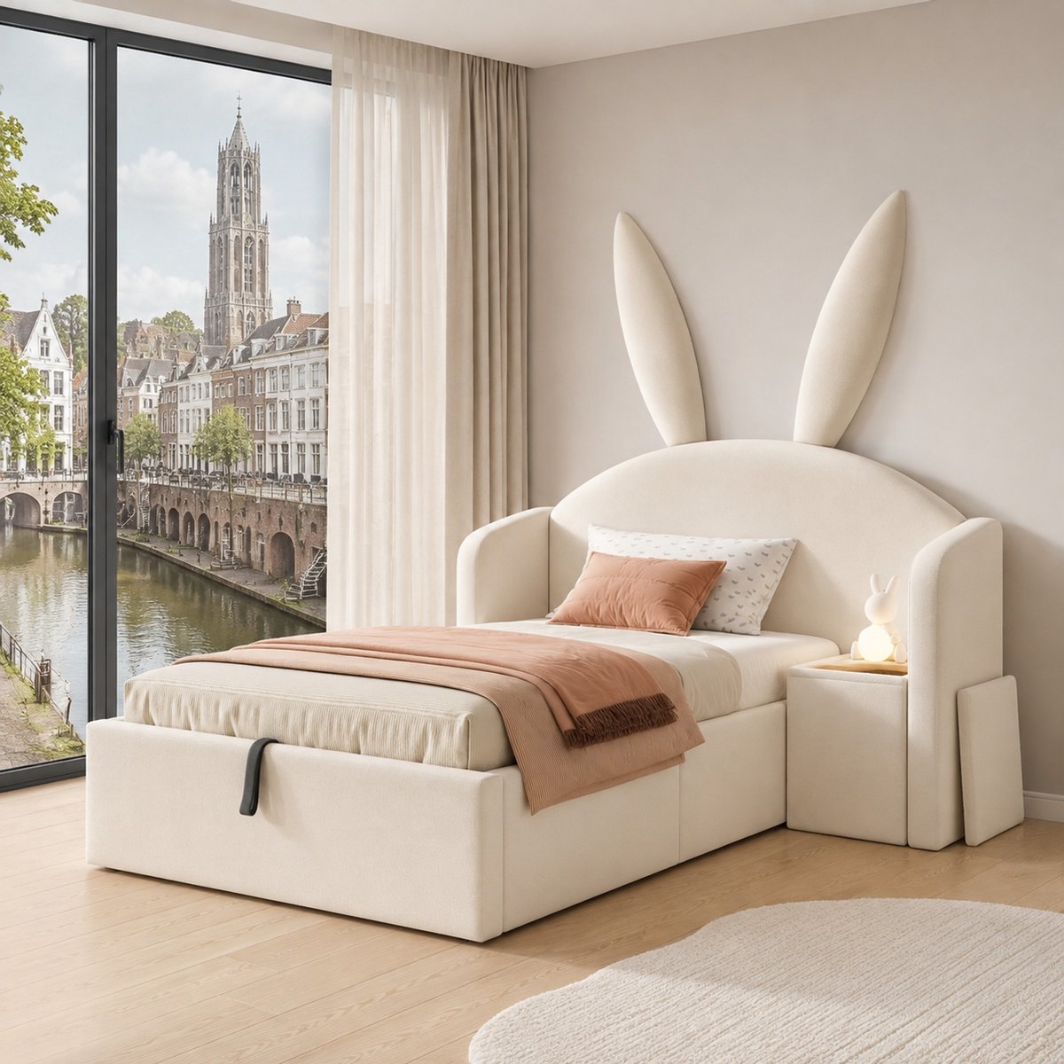 WUVRIE Kinderbed 90x190 cm met konijnenoren-kopstuk, opbergruimte en nachtkastje, beige