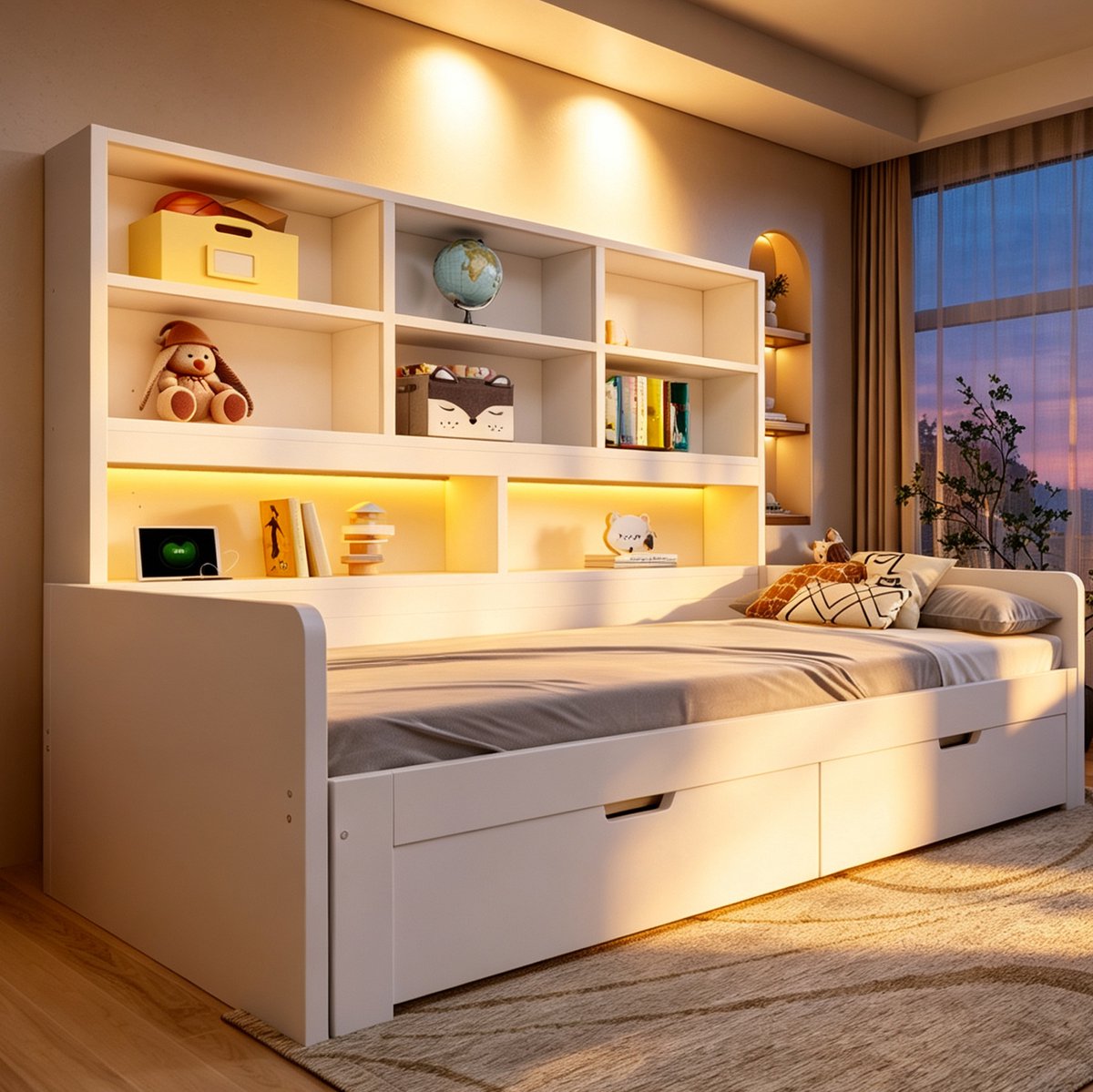 REDOM Slaapbank - Uitschuifbaar van 90 x 200 cm naar 180 x 200 cm - Met opbergruimte en 2 lades - LED-verlichting en stopcontacten - MDF - Wit en Grijs - 204 x 204 x 130 cm