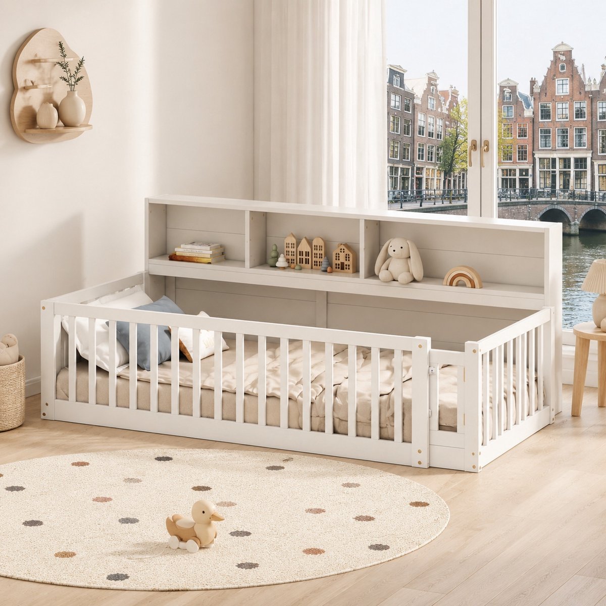 WUVRIE Bedbank 90x200 cm met opbergruimte, uitvalbeveiliging en lattenbodem, wit