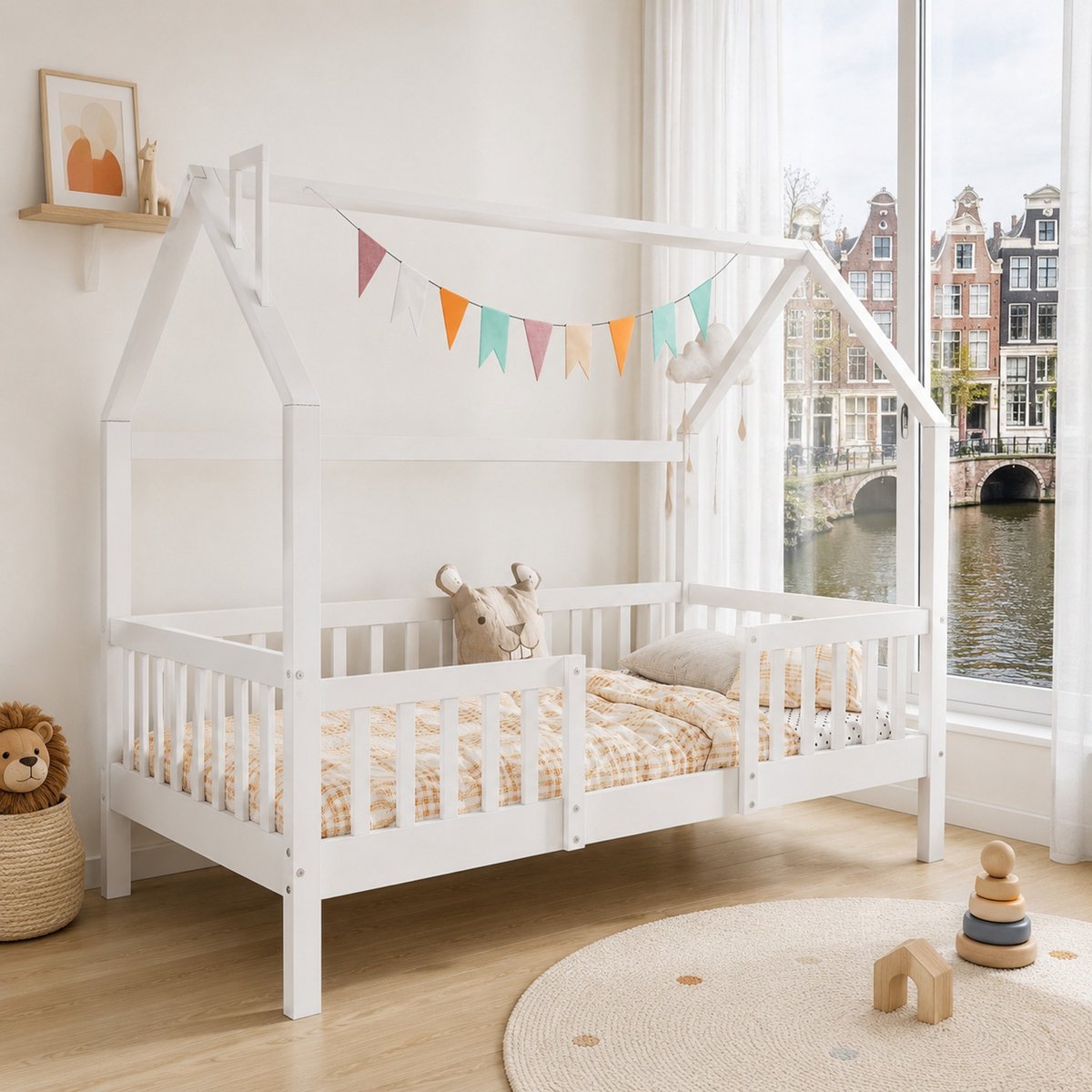 WUVRIE Kinder huisbed 90x200 cm met dak, omheining en lattenbodem, wit
