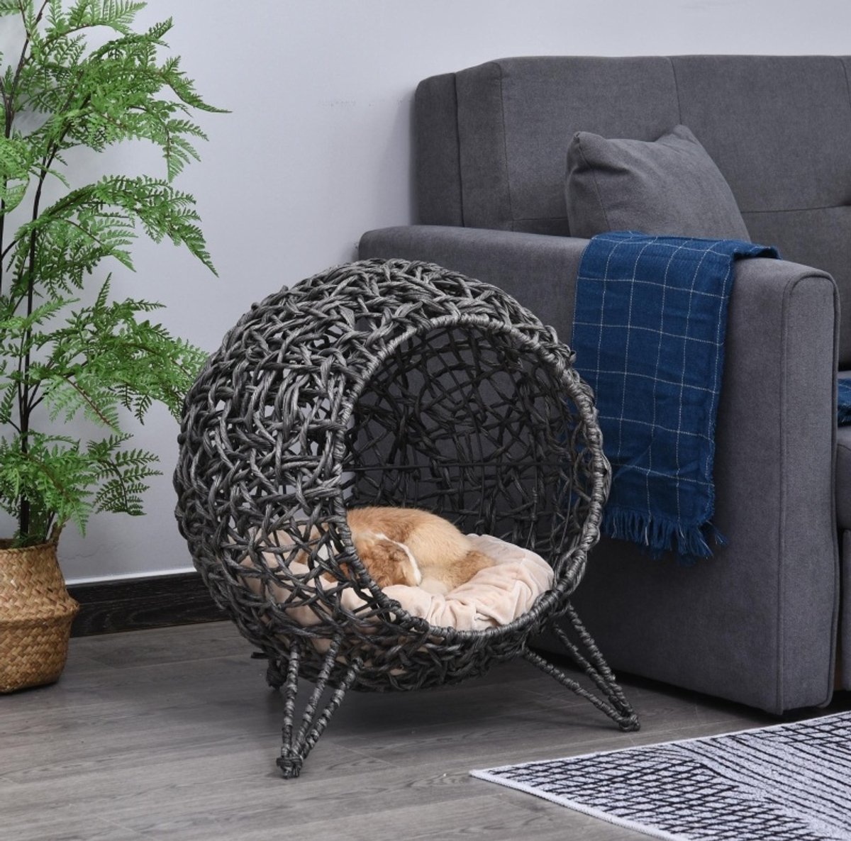 MODFU-Kattenhuis-Rotan-Kussen-Verhoogde Poten-Zilvergrijs-Ø52 X 58 Cm