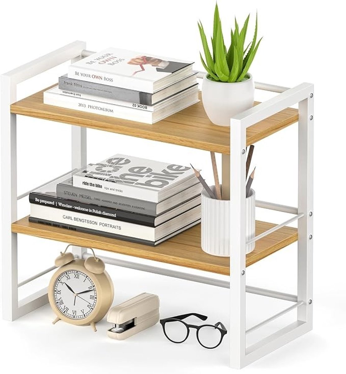 PolkaHome Bureauplank Organizer - Houten Boekenplank voor Bovenop Bureau en Dressoir - Wit Metaal met Houtnerf Planken