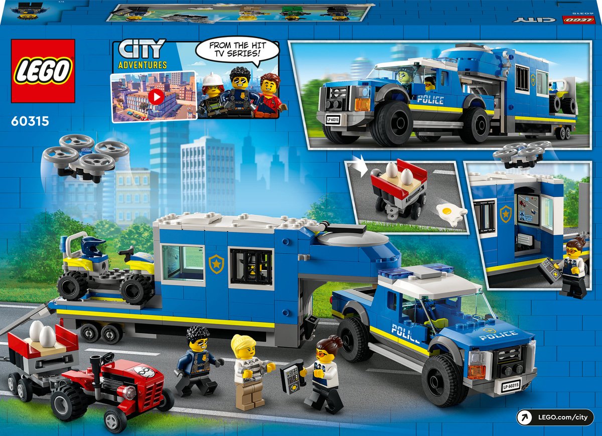 LEGO® City Mobiele commandowagen politie 60315 bouwset voor kinderen vanaf 6 jaar; met een pick-uptruck en aanhanger met gevangenis, een terreinwagen en een drone, een tractor met eier-aanhanger en 4 minifiguren (436 onderdelen) — afbeelding 16