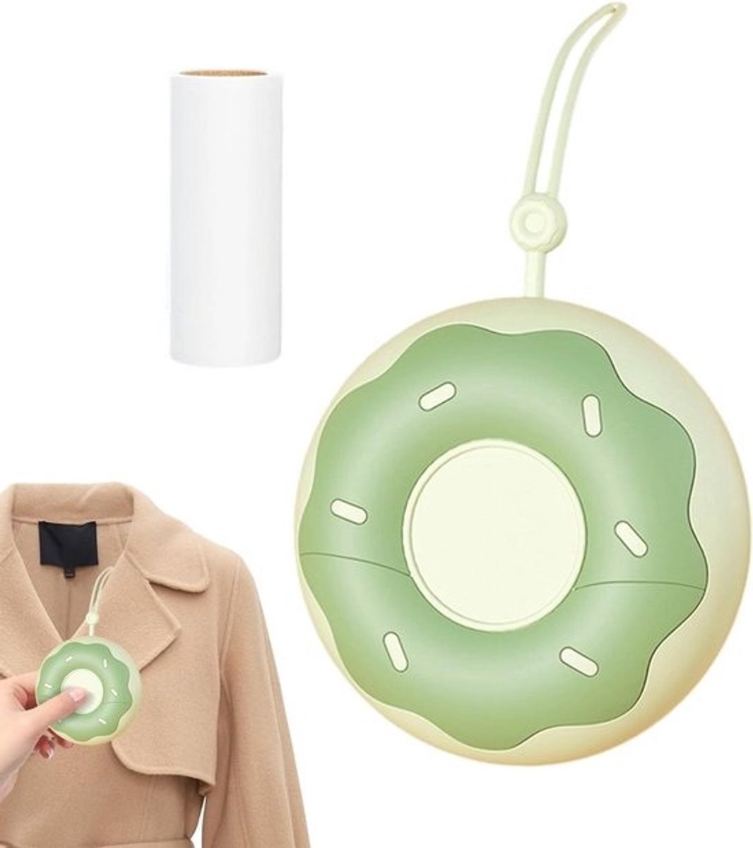 Zelfklevende roller - Pluisverwijderaar - Kleding reinigen - Donutvorm ontwerp - 9 x 9 cm - Groen
